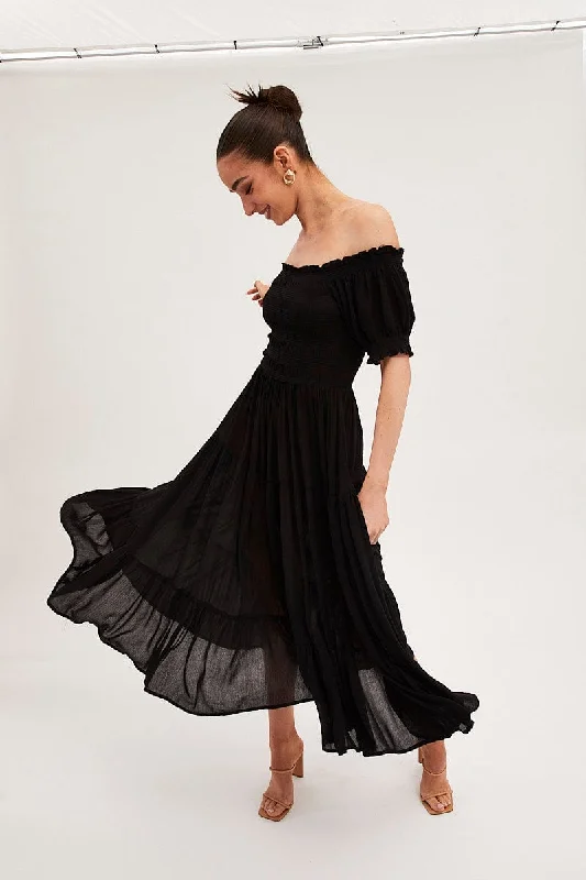 Black Maxi Dress Puff Sleeve Square Neck Comfortable Fit-and-Flare Maxi Dress