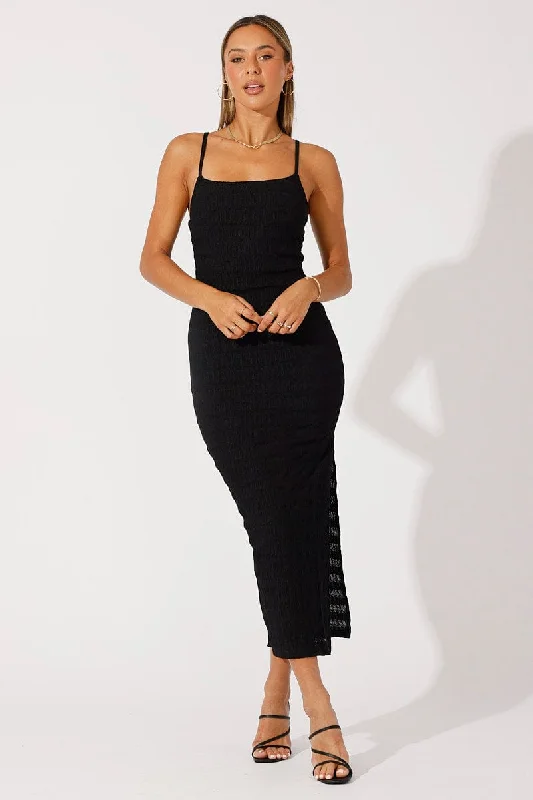 Black Maxi Dress Square Neck Bodycon Textured Fashionable Layered Maxi Dress