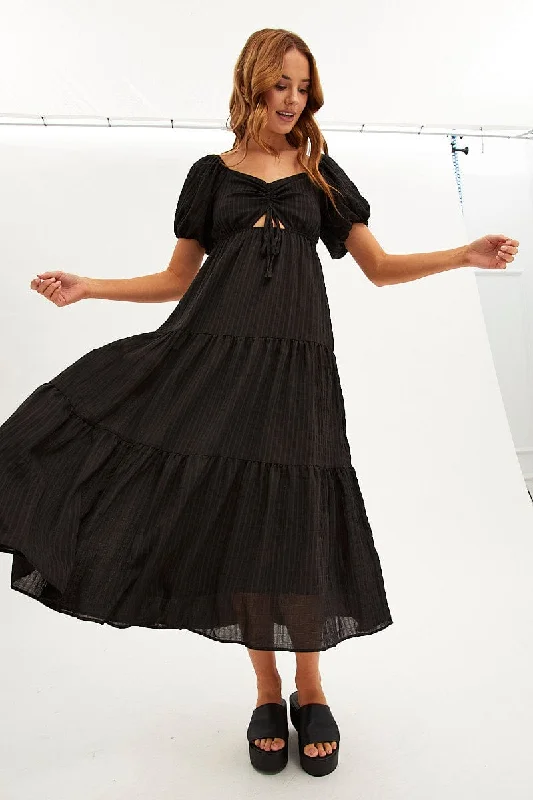 Black Maxi Dress Sweetheart Neck Puff Sleeve Elegant Maxi Dress with Drapes