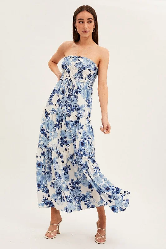 Blue Floral Maxi Dress Shirred Bust Strapless Cozy Maxi Dress with Slit