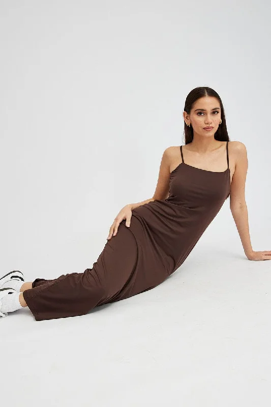 Brown Supersoft Maxi Dress Sleeveless Trendy Floral Print Maxi Dress