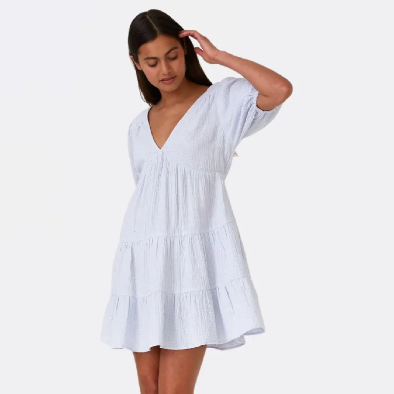 Cotton Puff Sleeve V Neck Tiered Mini Dress (Dusty Blue) Stylish Spaghetti Strap Mini Dress