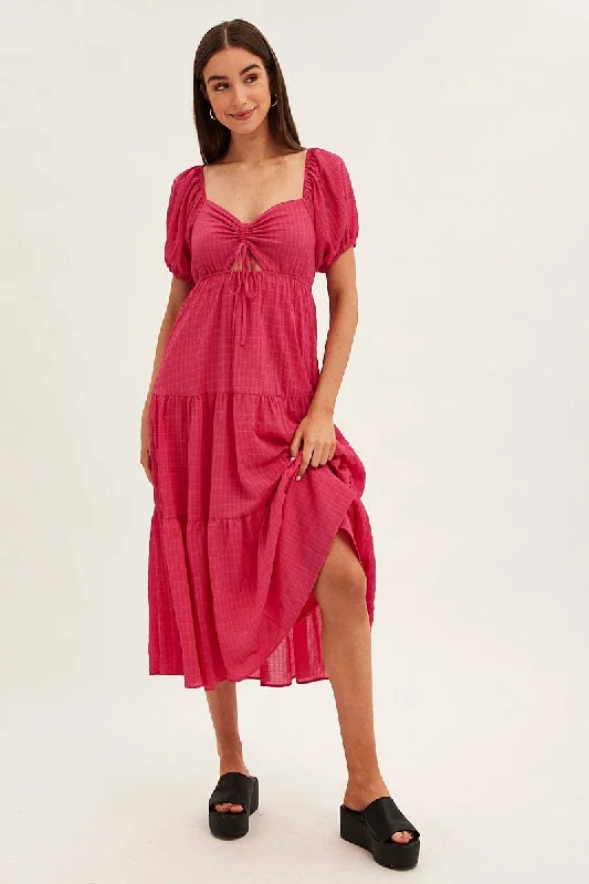 Pink Maxi Dress Sweetheart Neck Puff Sleeve Stylish Long Sleeve Maxi Dress
