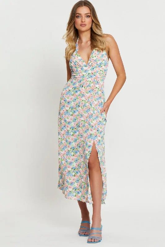 Print Maxi Dress Halter Neck Elegant Boho Maxi Dress