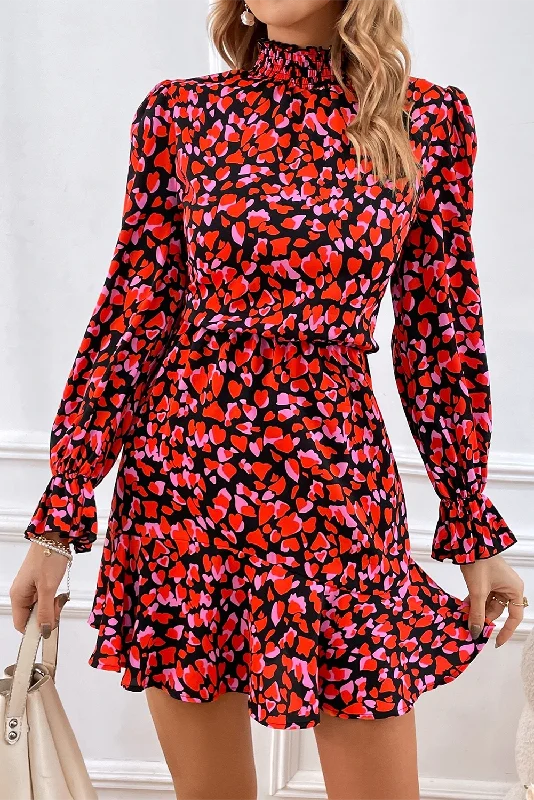 Red Heart Shape Print Long Sleeve Mini Dress Comfortable Linen Mini Dress