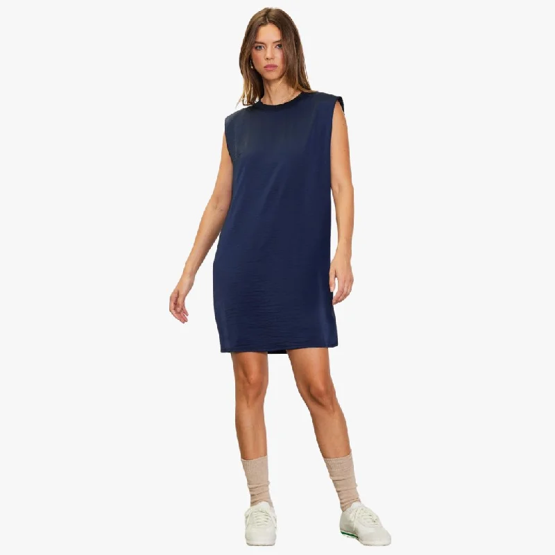 Sleeveless Muscle Tank Silky Mini Dress (Navy) Elegant Mini Dress with Pleats