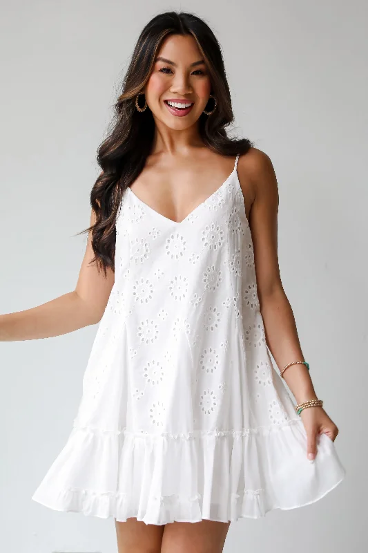 FINAL SALE - Sweet Sunlover White Eyelet Mini Dress Fashionable Mini Dress with Pockets