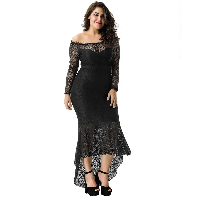 Women's Lace Floral Off-Shoulder Long Sleeve Mermaid Maxi Dress Comfortable Satin Maxi Dress