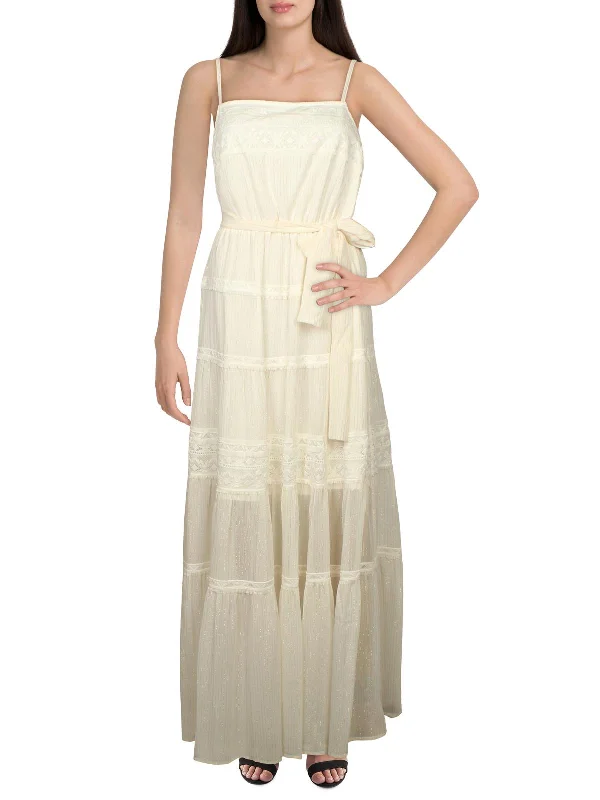 Womens Metallic Lace Trim Maxi Dress Trendy Maxi Dress with Belt