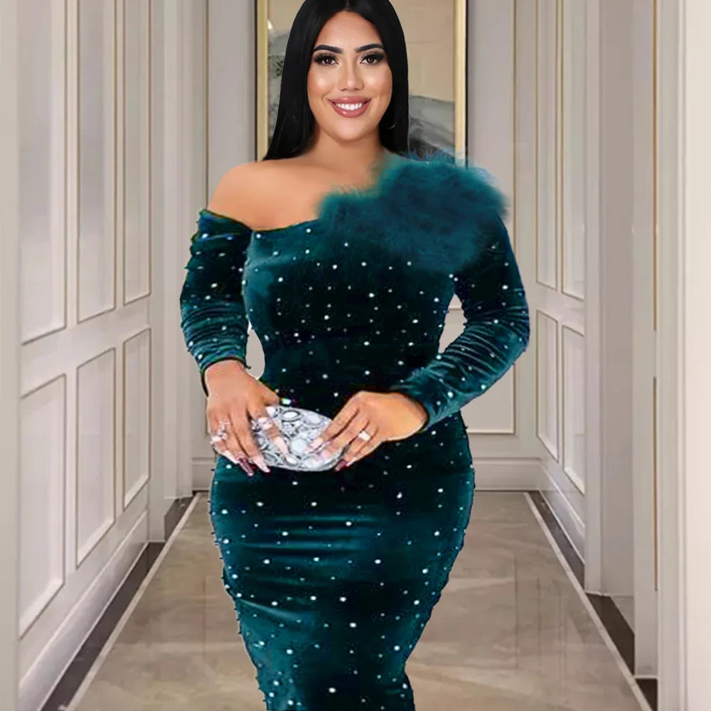 Women's One-Shoulder Sequin Feathers Decor Party Bridesmaid Maxi Dress Classic Solid Maxi Dress