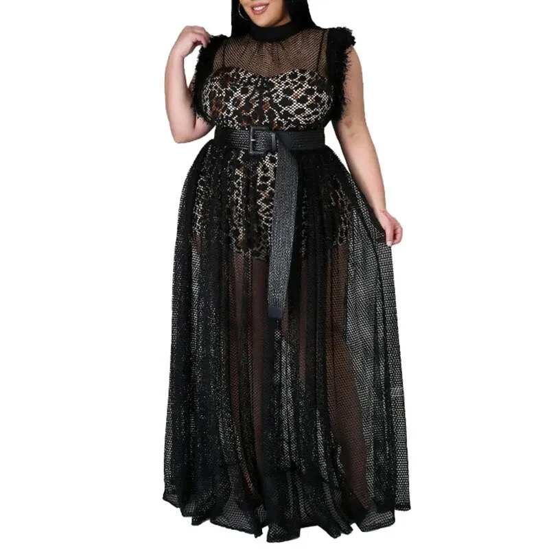 Women's Sexy Sheer Mesh Leopard Lining Transparent Party Maxi Dress Elegant Maxi Dress with Lace