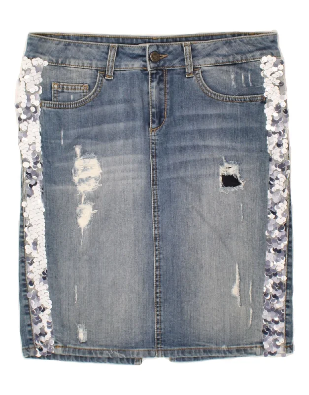 LIU JO Womens Graphic Distressed Denim Skirt W29 Medium Blue Striped