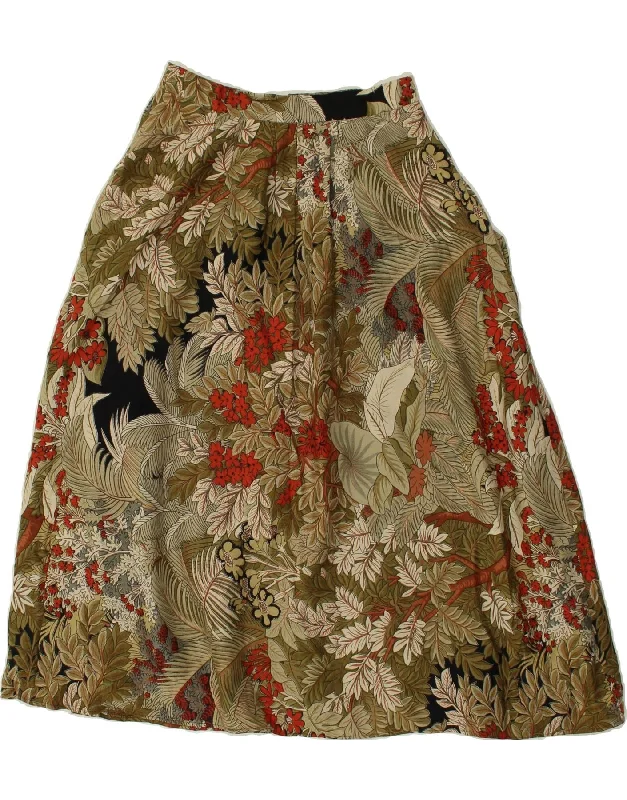 VINTAGE Womens A-Line Skirt EU 34 XS W24 Khaki Floral Viscose