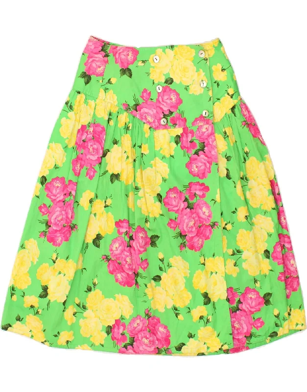 VINTAGE Womens High Waist Pleated Skirt IT 44 Medium W27 Green Floral