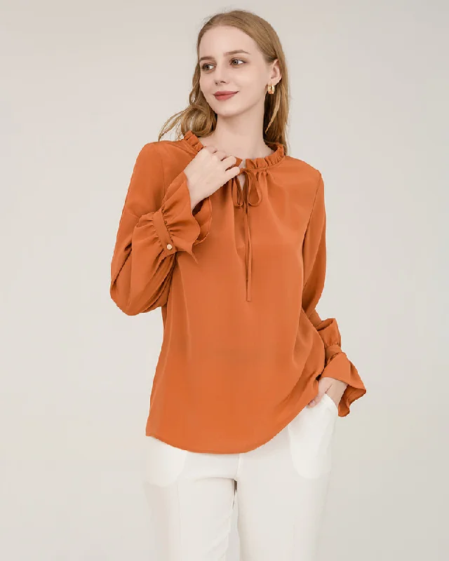 Tie Neck Silk Shirt With Ruffle Details