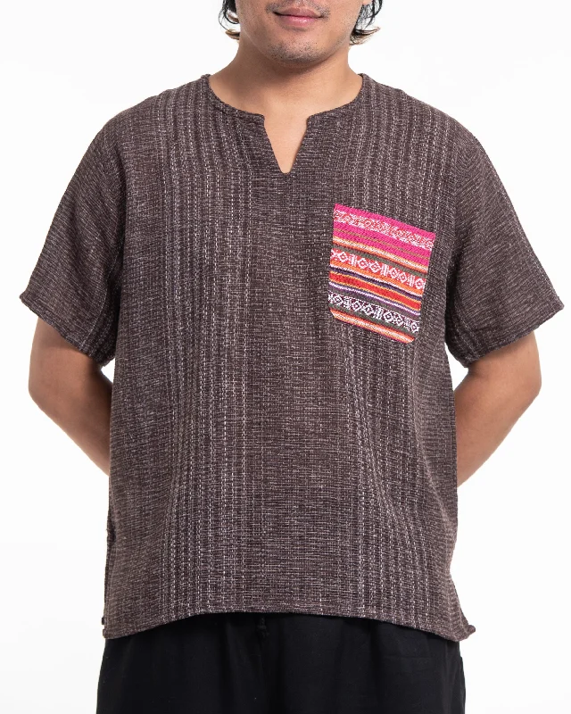 Unisex Woven Cotton Shirt with Tribal Pocket in Brown