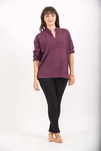 Womens V Neck Band Collar Yoga Shirt in Dark Purple