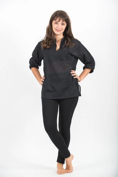 Womens V Neck Band Collar Yoga Shirt in Black