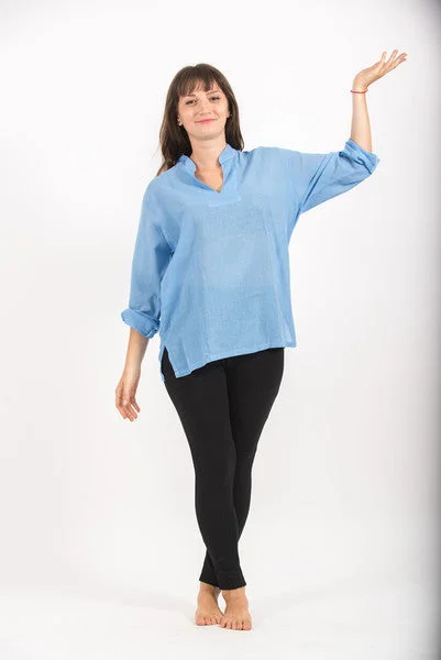 Womens V Neck Band Collar Yoga Shirt in Blue