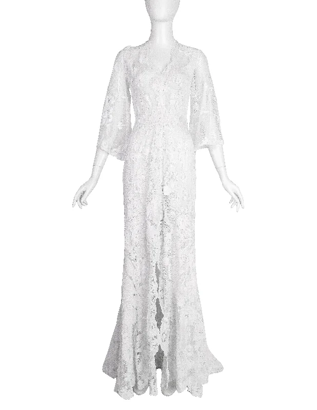 Vintage 1930s Reworked Phenomenal White Mesh Net Lace Embellished Trained Gown