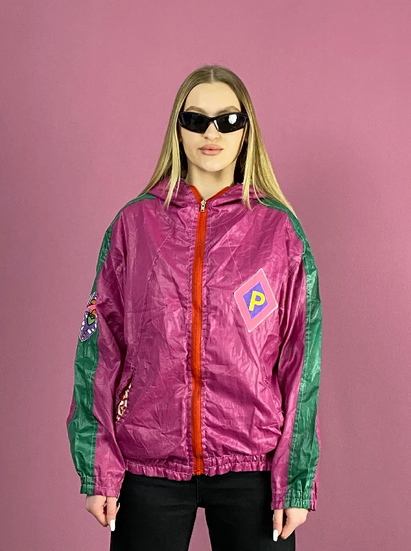 90s Vintage Women's Hooded Windbreaker Jacket - M Pink Nylon