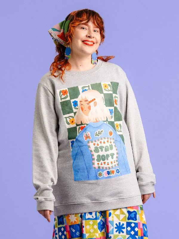 Gwen Stay Soft Sweatshirt Melange Grey Hoodie with Rolled Sleeves Casual Relaxed