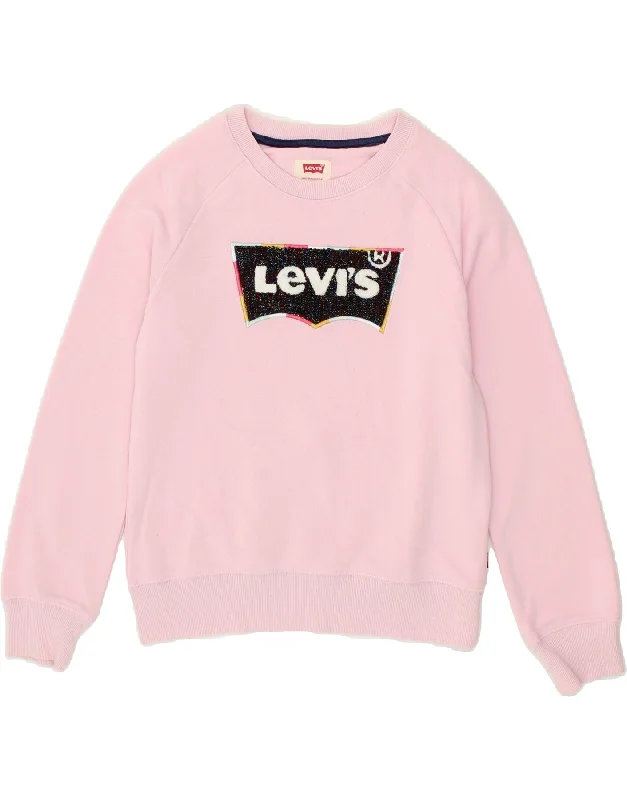 LEVI'S Girls Graphic Sweatshirt Jumper 11-12 Years Pink Cotton Hoodie with Puffed Sleeves Voluminous Trendy