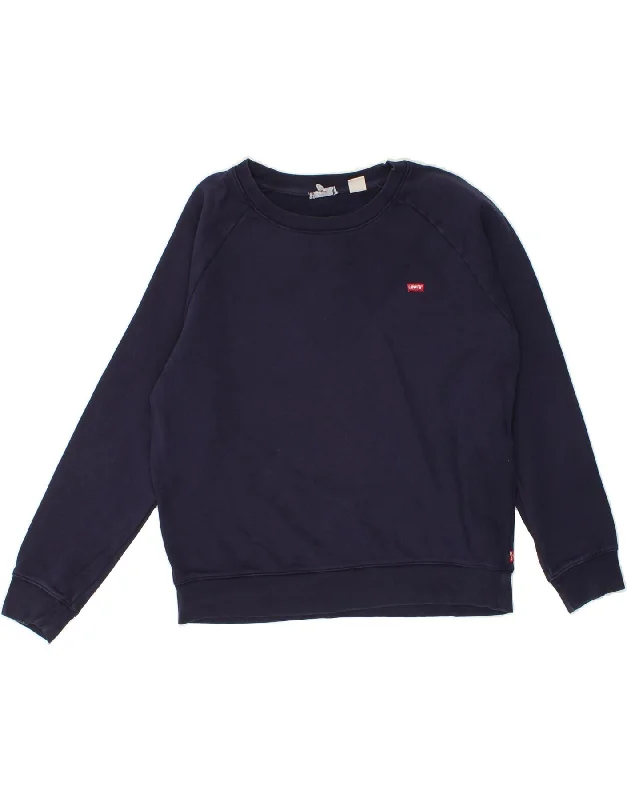 LEVI'S Womens Sweatshirt Jumper UK 14 Medium Navy Blue Cotton Hoodie with Stripes Bold Sporty