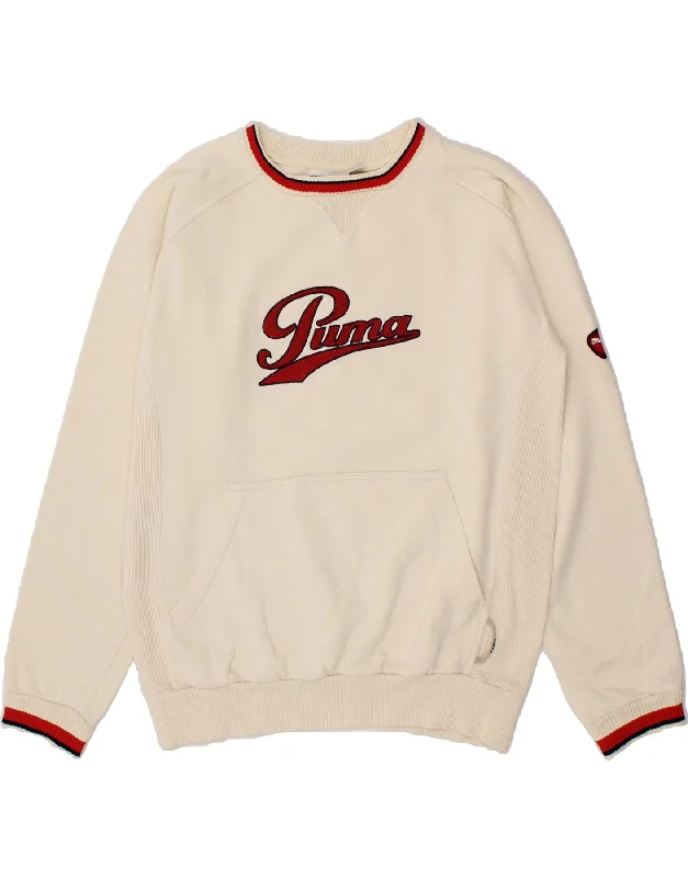 PUMA Mens Graphic Sweatshirt Jumper Small Beige Hoodie with Back Slit Movement Comfort