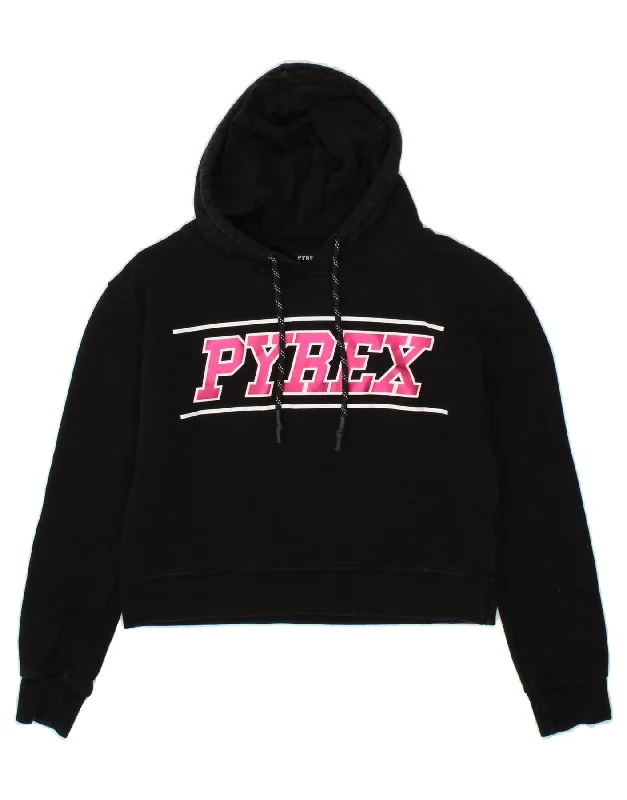 PYREX Womens Crop Graphic Hoodie Jumper UK 14 Medium Black Cotton Hoodie with Cropped Fit Short Trendy