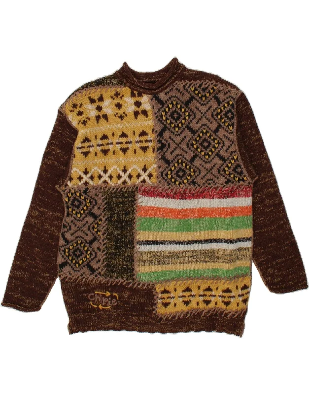 CHIPIE Womens Crew Neck Jumper Sweater UK 14 Medium Brown Patchwork Ribbed Striped Patterned