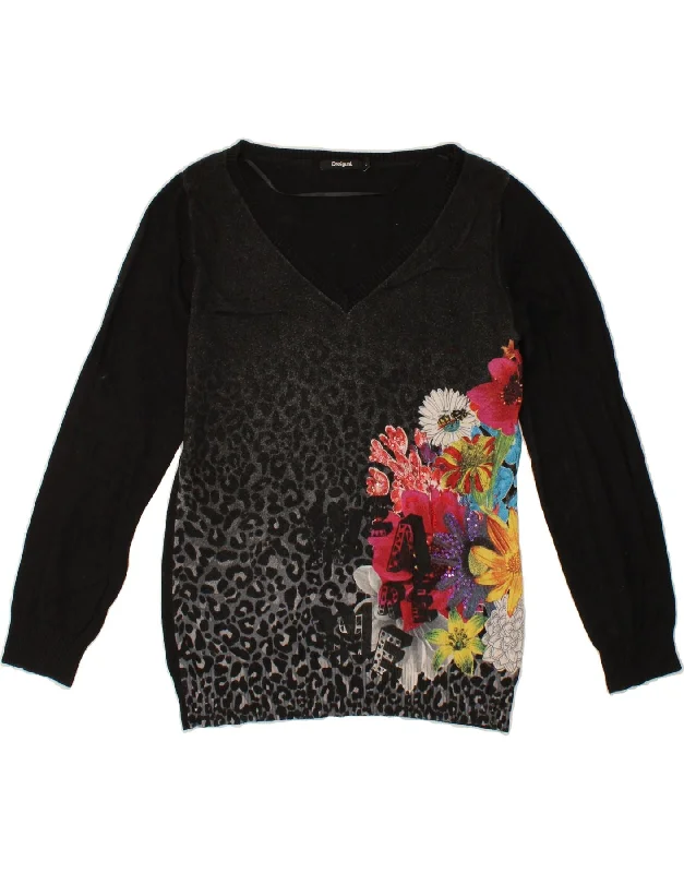 DESIGUAL Womens V-Neck Jumper Sweater UK 18 XL Black Floral Viscose Polka Dot Checkered Tartan