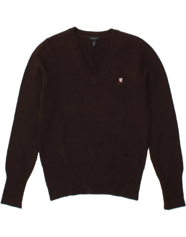 GANT Womens V-Neck Jumper Sweater UK 14 Medium Brown Lambswool Zippered Front Buttoned Front Snap Front