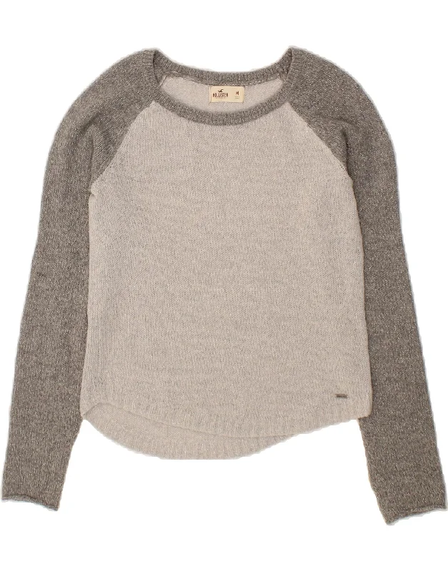 HOLLISTER Womens Boat Neck Jumper Sweater UK 14 Medium Grey Colourblock Long Sweater Short Sweater Cropped Sweater
