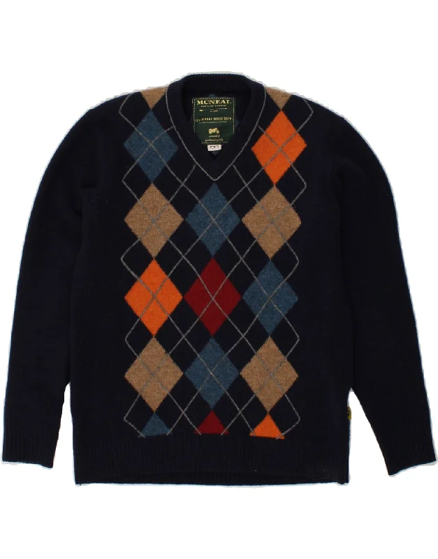 MCNEAL Womens V-Neck Jumper Sweater UK 14 Medium Navy Blue Argyle/Diamond Glossy Satin Silk MCNEAL Womens V-Neck Jumper Sweater UK 14 Medium Navy Blue Argyle/Diamond Glossy Satin Silk
