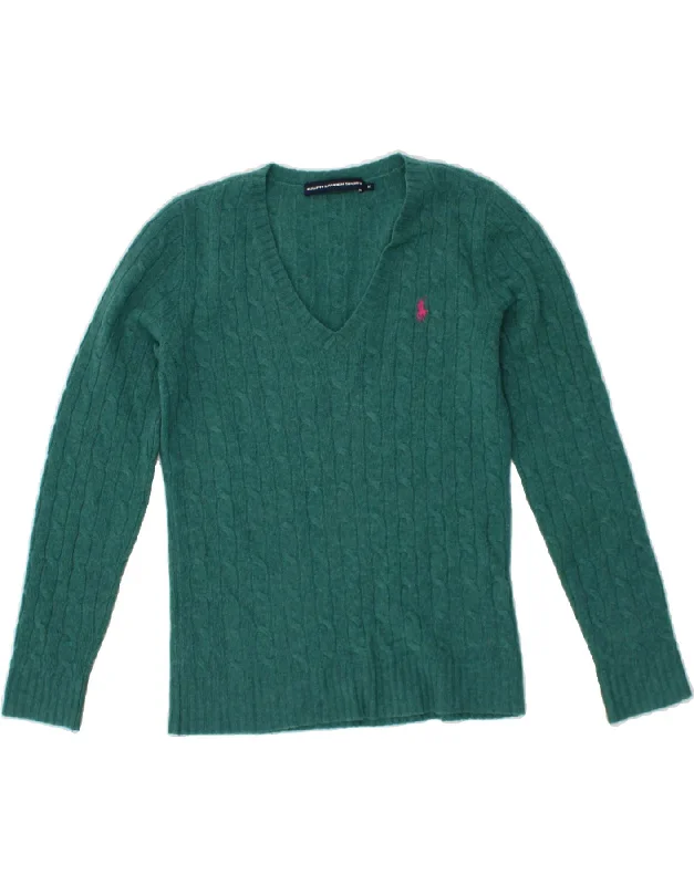 RALPH LAUREN Womens V-Neck Jumper Sweater UK 14 Medium Green Lambswool