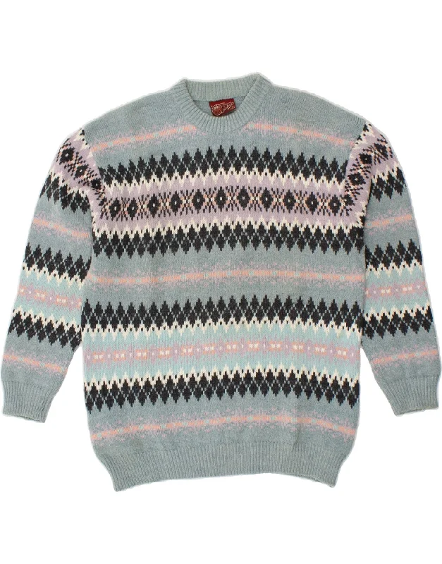 RIFLE Womens Crew Neck Jumper Sweater UK 16 Large Blue Fair Isle Wool Cable Knit Ribbed Knit Lace Knit