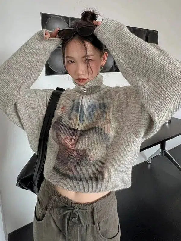 Y2K Half Zip-Up Knitted Sweater Ribbed Striped Patterned