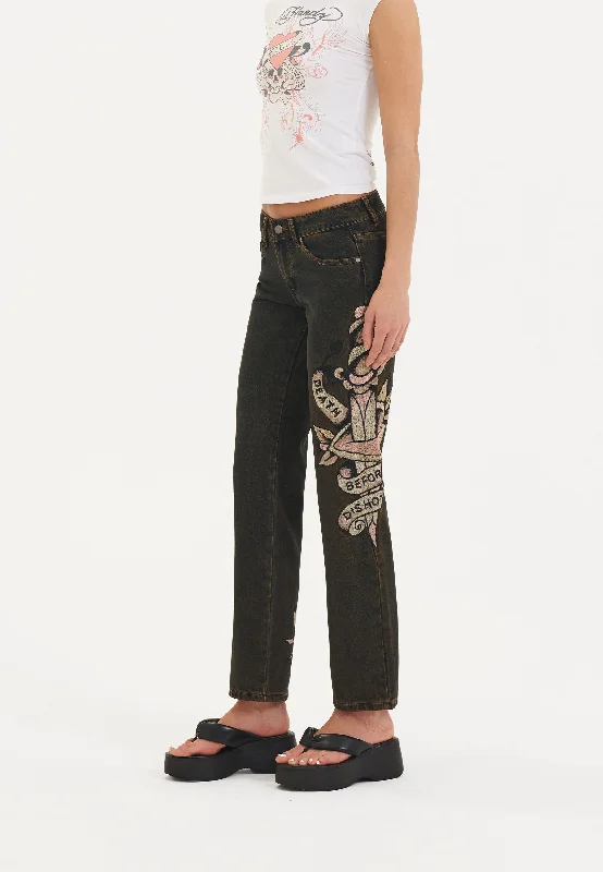 Womens Death & Dishonour Straight Denim Trousers Jeans - Black Trousers New Arrival