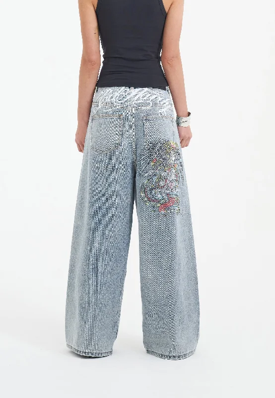 Womens Eagle Skull Diamante Xtra Denim Trousers Jeans - Bleach Trousers Summer Linen