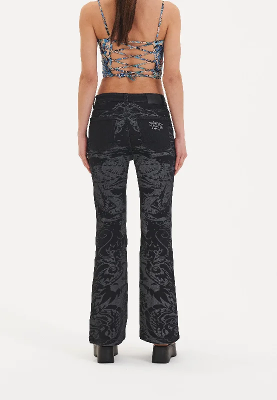 Womens Flash Sheet Flared Denim Trousers Jeans - Black Trousers trendy modern