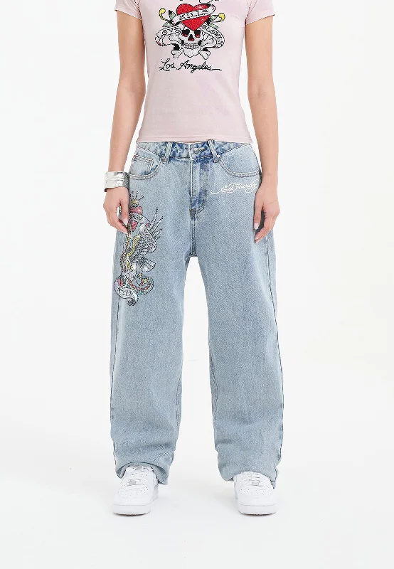 Womens Nyc Diamante Relaxed Denim Trousers Jeans - Bleach Trousers Fall Fleece