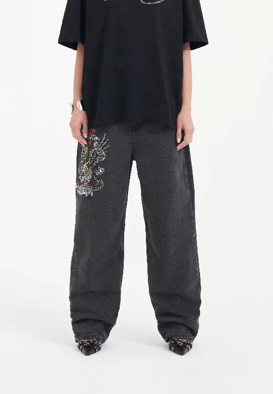 Womens Nyc Diamante Relaxed Denim Trousers Jeans - Black Trousers Brand Named