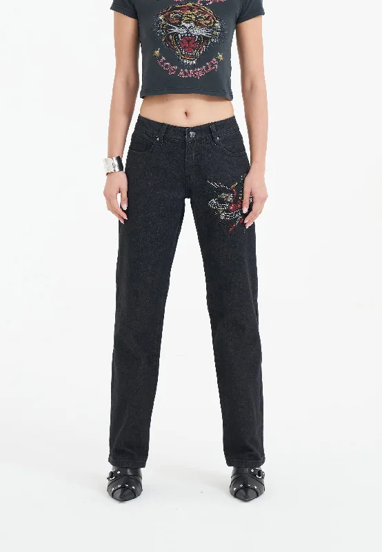 Womens True Death Diamante Straight Denim Trousers Jeans - Black Trousers Custom Made