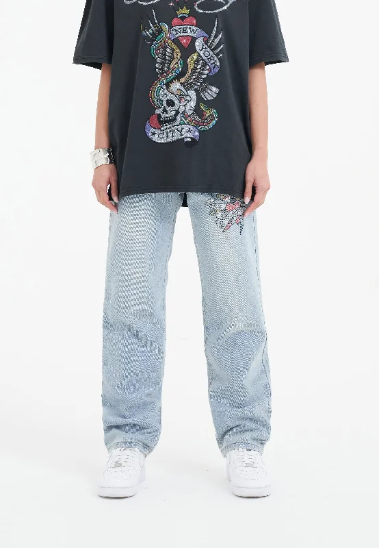 Womens True Death Diamante Straight Denim Trousers Jeans - Bleach Trousers Exclusive Limited