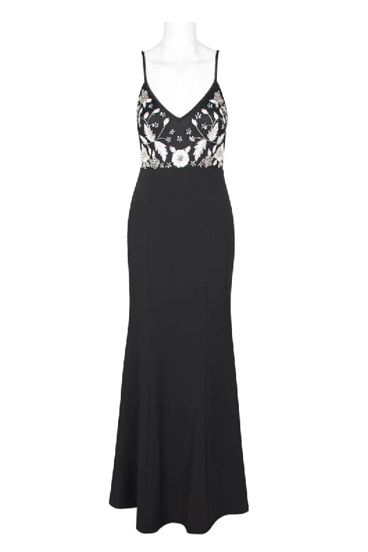 Aidan by Aidan Mattox Spaghetti Strap Embroidered Bodice Zipper Back Mesh Crepe Gown