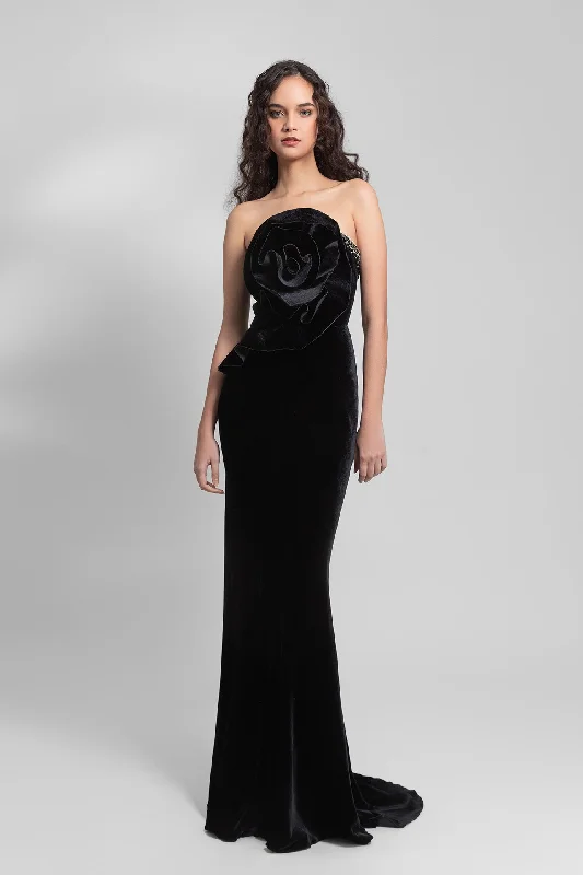 Beaded strapless velvet dress