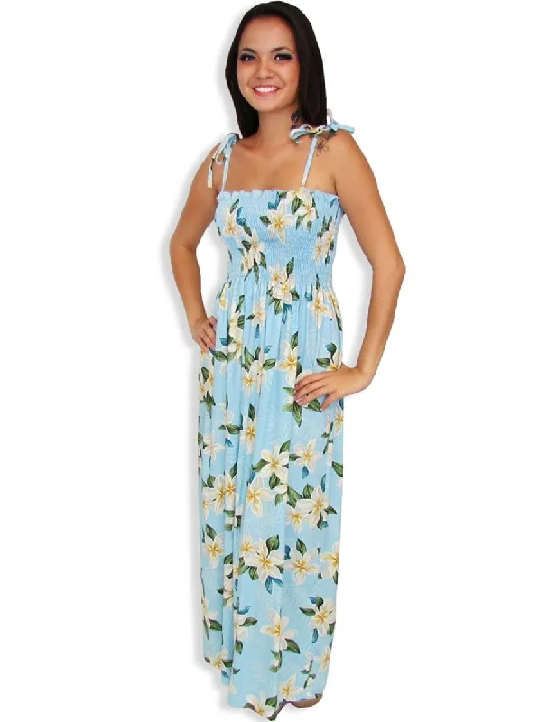 Blue Smocked Long Hawaiian Dress Plumeria Sky