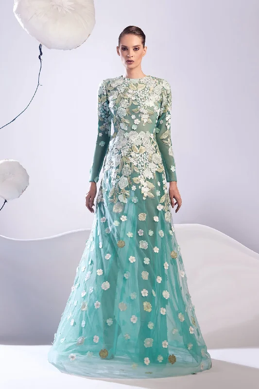 Closed neckline tulle embroidered dress