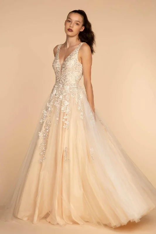 Embroidery and Jewel Embellished Illusion Deep V-Neck Long Prom Dress GLGL2529